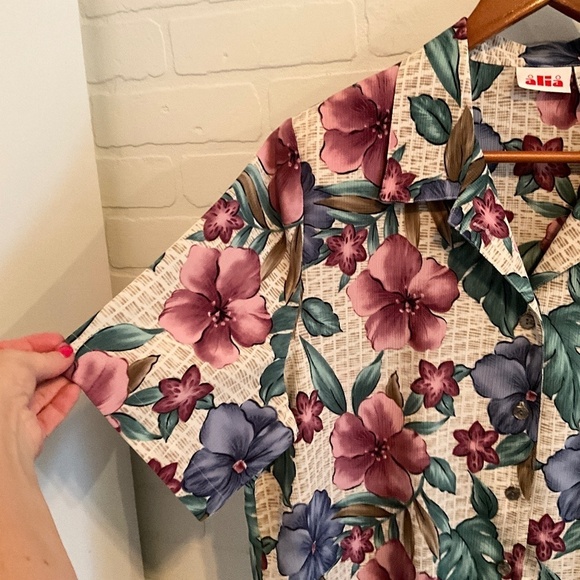Vintage Button down shirt Tropical Floral Mixed print Aloha Cream Blue Dark 14 - Picture 4 of 8